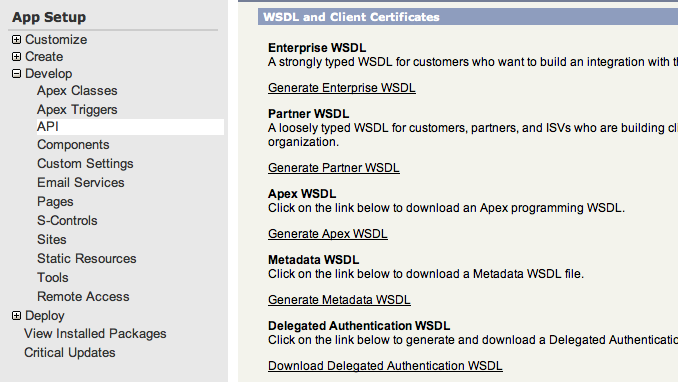 Screenshot of salesforce setup for generating a wsdl